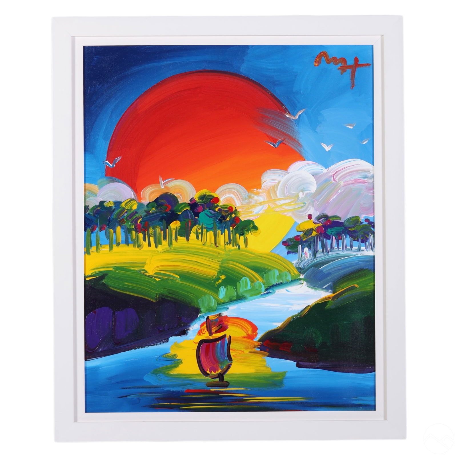 Peter Max b.1937 Sunrise Sunset Landscape Painting: Peter Max (American, German, born 1937) original acrylic on canvas pop art painting featuring a radiant sun rising above a colorful landscape. The composition reflects Max's cosmic themes and harmony