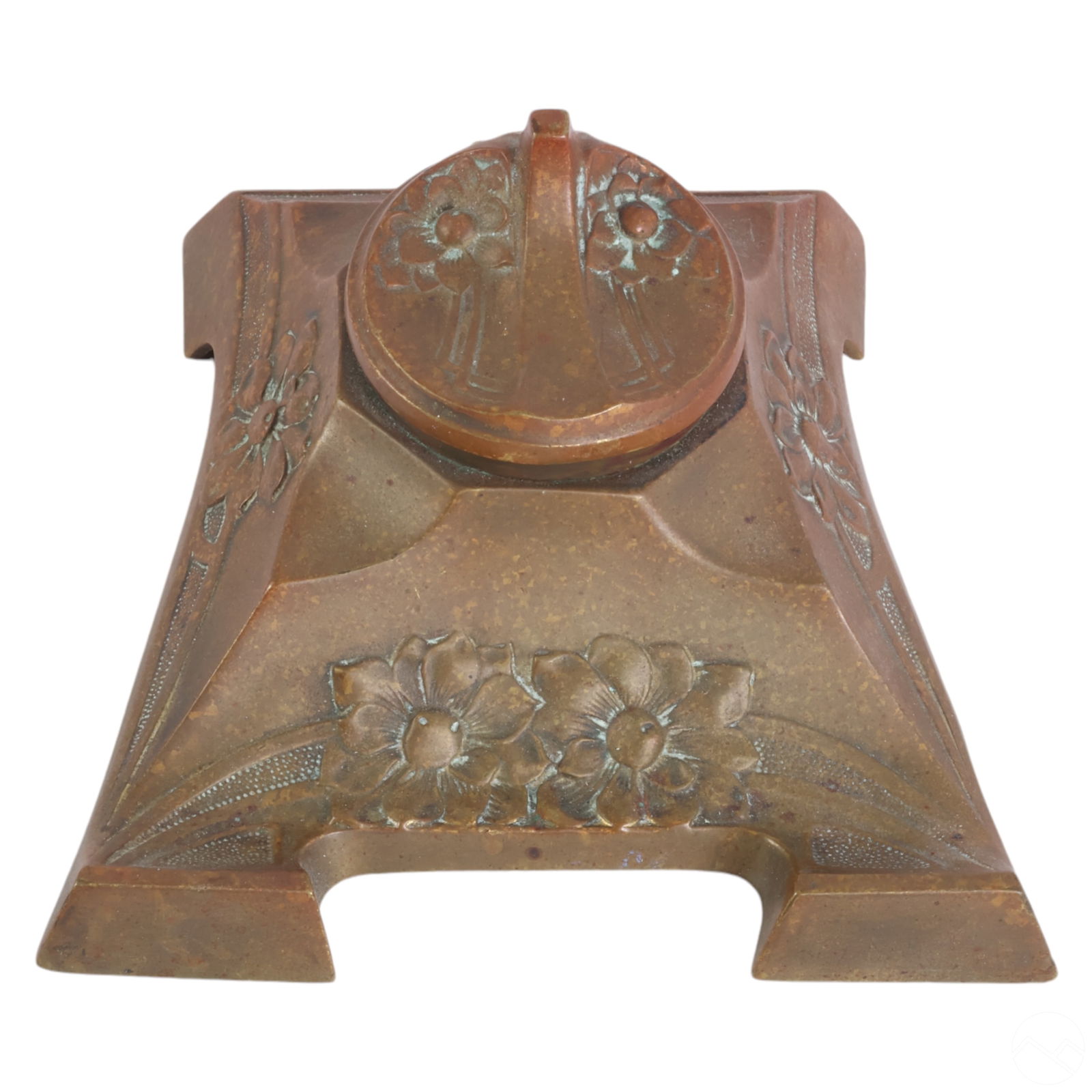 Antique Art Nouveau Repousse Inkwell with Pen Rest: Art Nouveau bronzed metal inkwell featuring floral motifs and curvilinear designs emblematic of the movement. Raised floral patterns adorn the front and sides, with cast flowers and leaves enhancing i