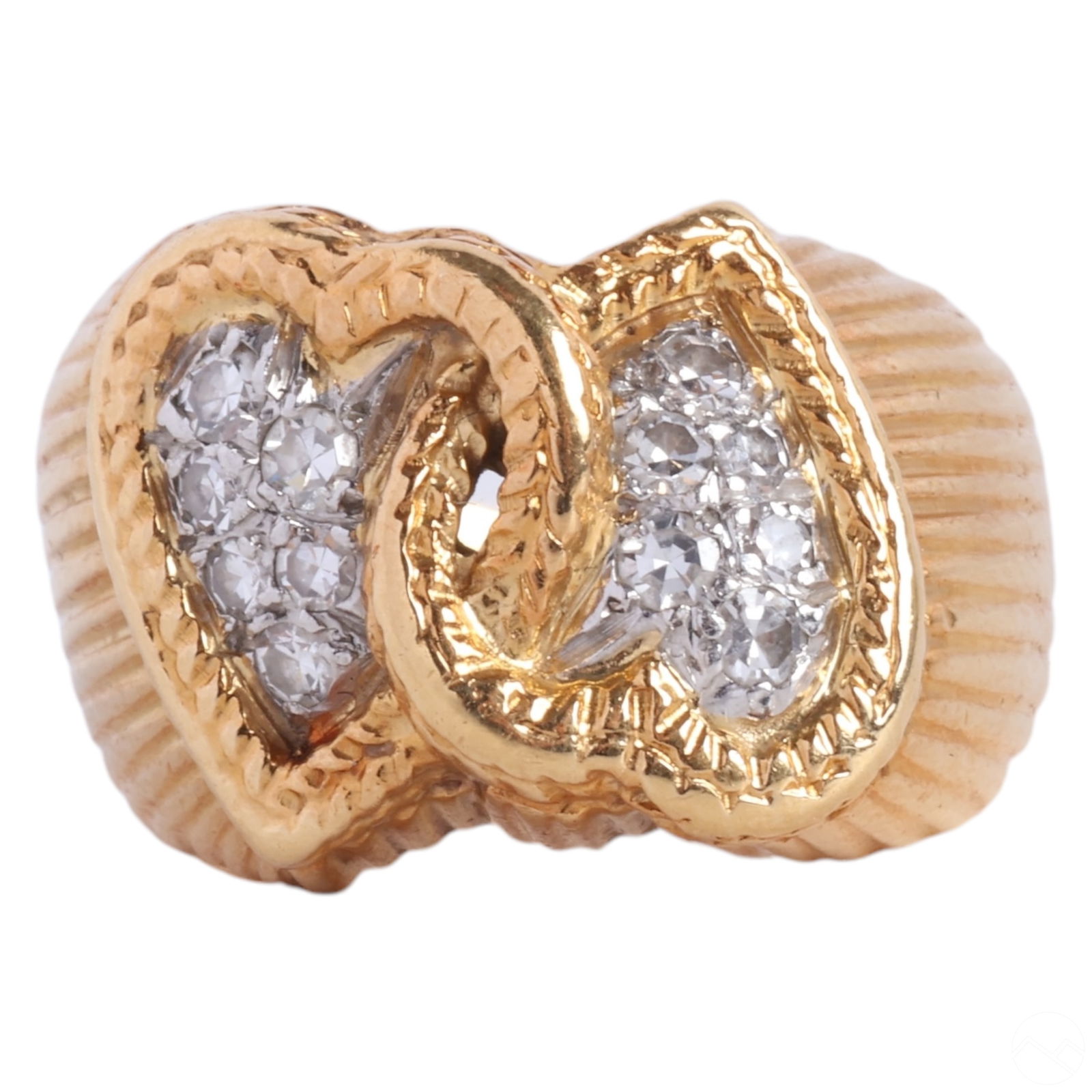 18K Yellow Gold and Diamond Double Heart Ring 7g. (1 of 6)
