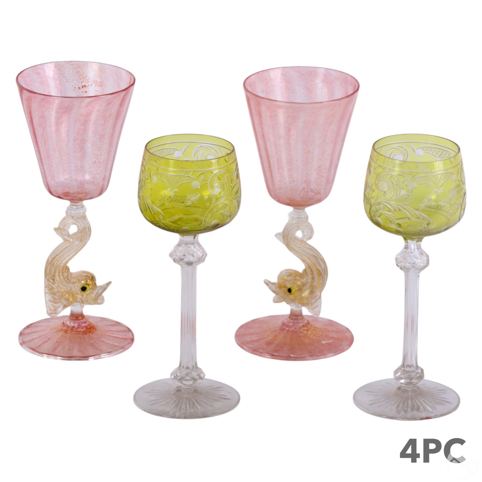 Venetian and Green Etched Wine Goblet Sets 4pc LOT: Set of four antique art glass wine goblets, including two Venetian Murano goblets with pink glass, gold flecks, and dolphin-shaped stems, and two etched crystal goblets with green bowls, floral and fo