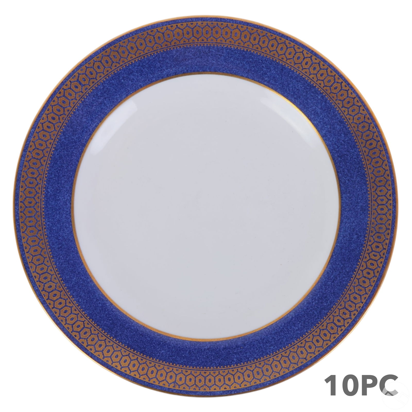 Tiffany & Co Copeland Spode Luncheon Plates 10pc: Set of 10 luncheon plates by Spode Copeland China for Tiffany & Co., New York. Each plate features a cobalt blue band with gold geometric patterns and a gold rim, crafted from fine bone china. Marked