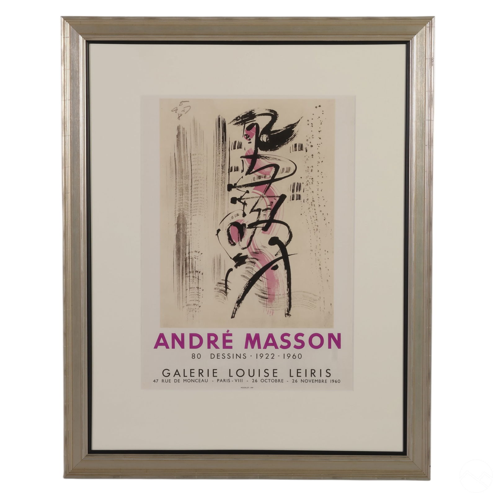Andre Masson Dessins Galerie Leiris 1960 Poster: Color lithograph poster on paper titled 80 Dessins 1922-1960 after Andre Masson (French, 1896-1987), printed by Mourlot in 1960 as part of the Collection and Archives of Ateliers Mourlot, Paris. The p