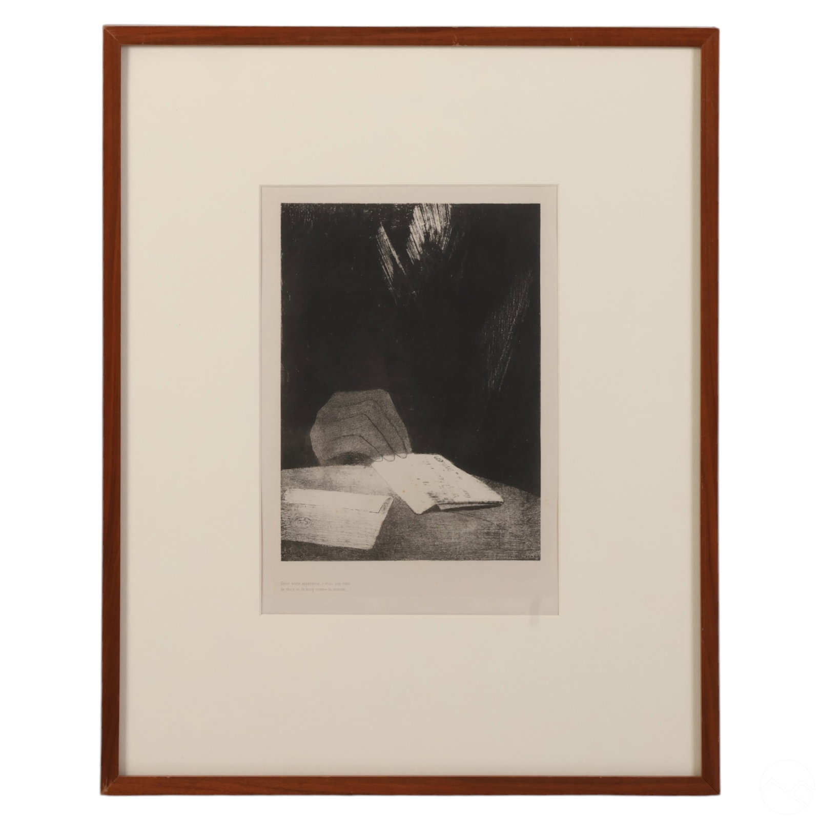 Odilon Redon 1840-1916 Haunted House Lithograph: Odilon Redon (French, 1840-1916), antique lithograph on paper depicting a hand holding cards, from the limited edition portfolio The Haunted House. This work was commissioned by Ene Philipon as a supp