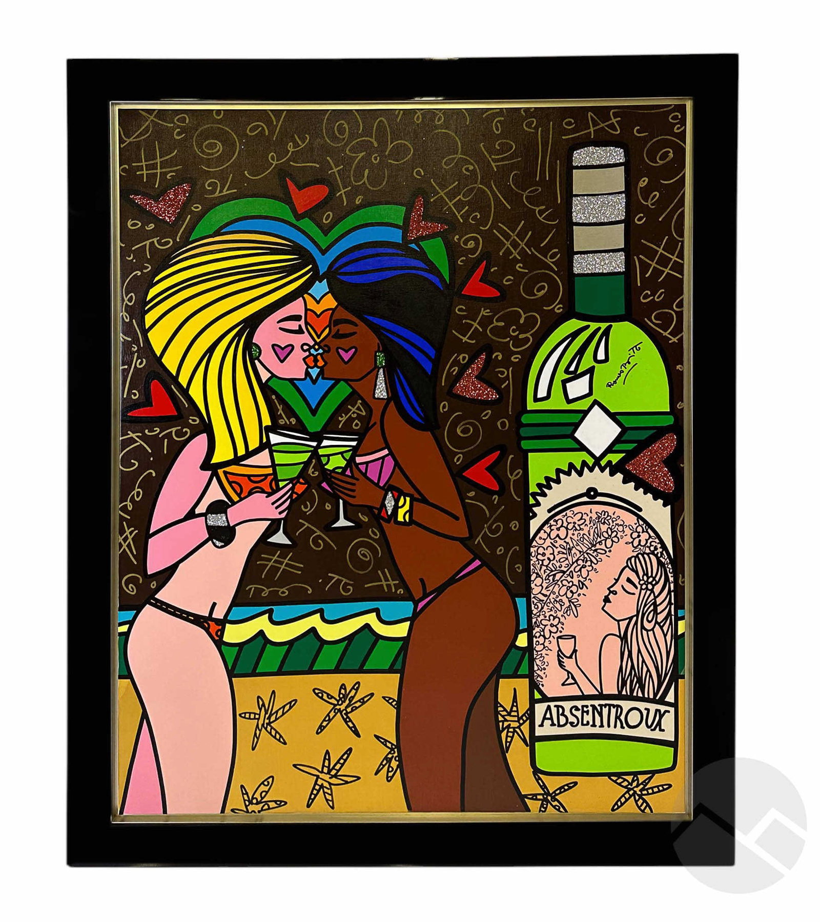 Romero Britto (b.1963) Abstentroux Nude Pop Art Painting: Romero Britto (Brazilian-American, born 1963), Absentroux, original oil pen, diamond dust, and acrylic painting on canvas. This large-scale figural composition showcases a pop-art style with bold colo