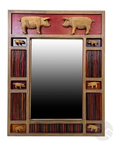 Folk Art Carved Pig and Dowel Wood Mirror SIGNED