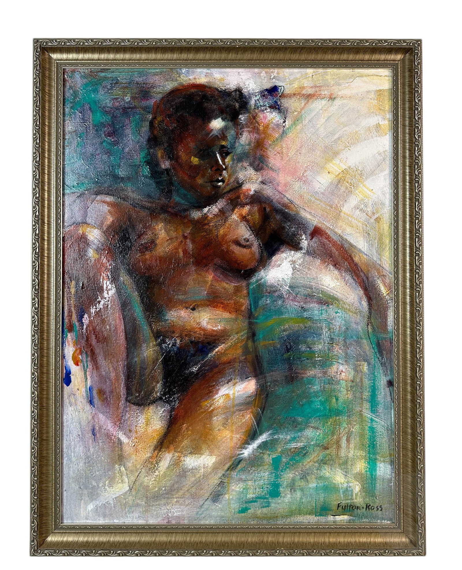 Gale F Ross b.1947 Expressive Nude Female Painting: Gale Fulton-Ross (American, born 1947), original oil painting on canvas. This expressive, abstracted composition depicts a dark-skinned nude woman, rendered with vibrant splashes of blue, orange, and 