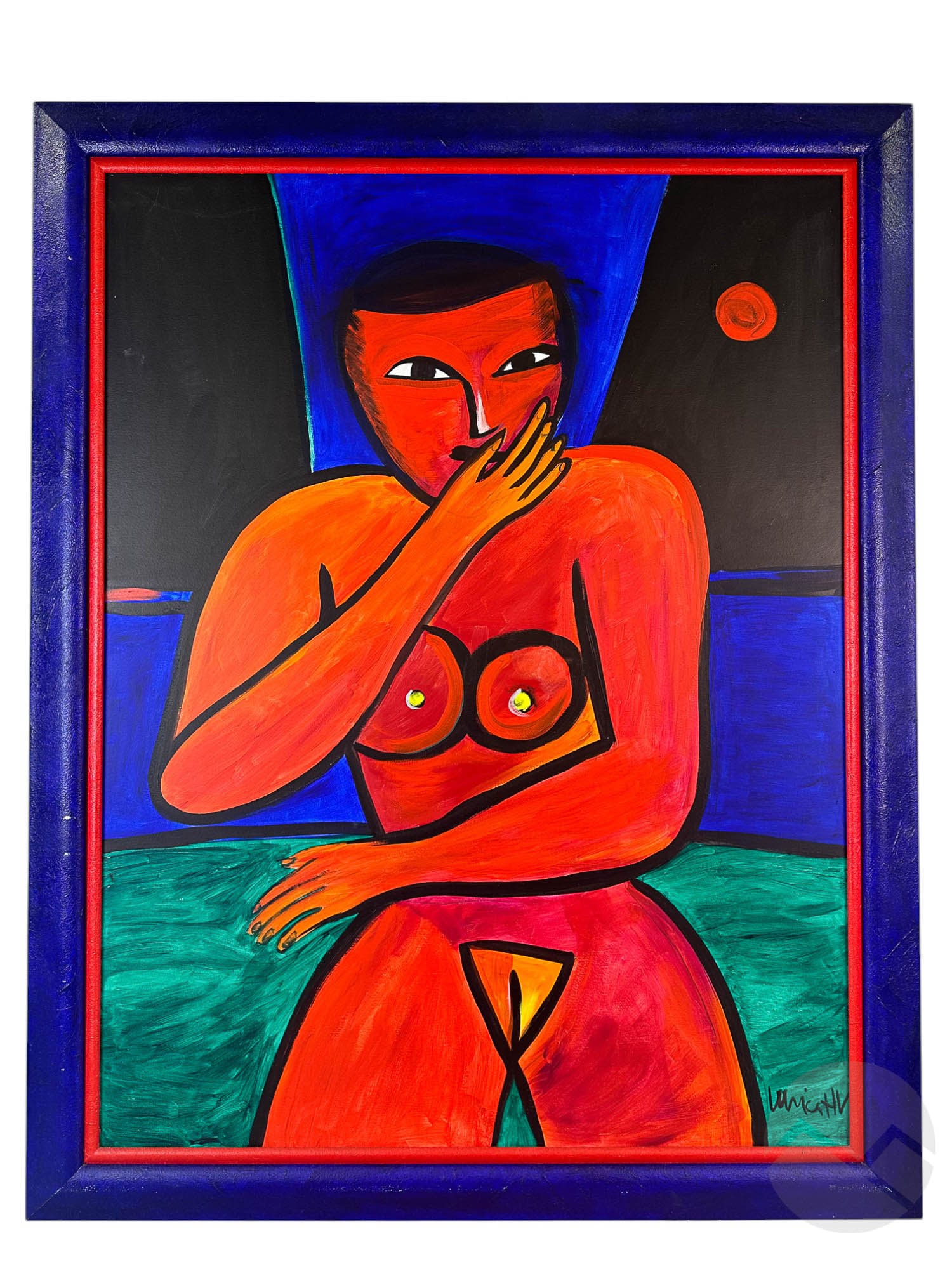 Ulrika Hydman-Vallien 1938-2018 Red Nude Painting: Ulrica Hydman-Vallien (Swedish, 1938–2018), original oil painting on wood panel titled "Red Nude," depicting a female figure in vivid red tones against a deep blue and black background. Signed in th