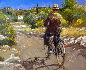 Andre Deymonaz 1946-2019 Man on Bicycle Painting