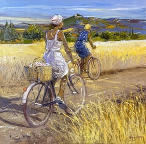 Andre Deymonaz 1946-2019 Girls on Bicycle Painting