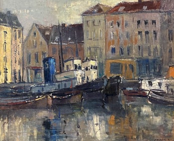 Adolphe Decamps b.1919 Harbor Scene Oil Painting