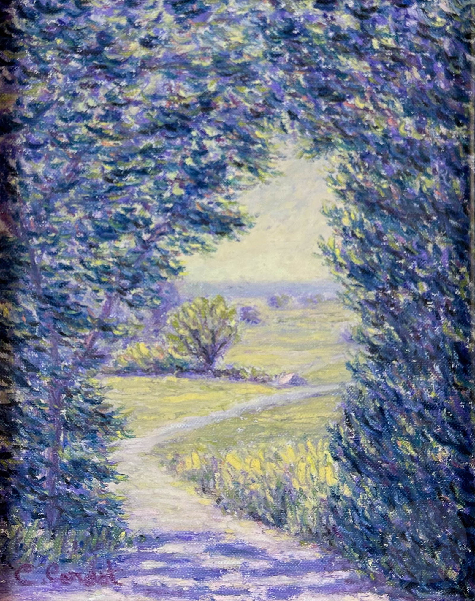 Christophe Cardot 20C. Summer Landscape Oil Pastel: Christophe Cardot (French-American, 20th Century), original oil pastel on canvas board titled "The Path at Matanzas Park," depicting a park pathway rendered with impressionistic techniques in a palett
