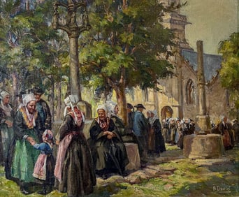 A. David Antique French Figural Landscape Painting