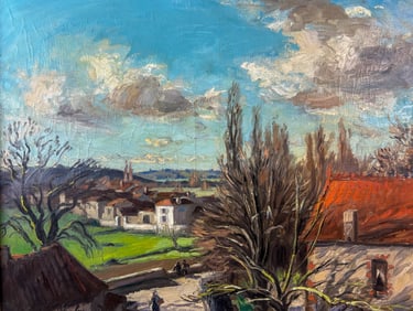 Antique French Provincial Cityscape Oil Painting