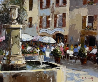 Andre Deymonaz 1946-2019 Cafe Scene Oil Painting