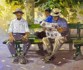 Andre Deymonaz 1946-2019 Men on Bench Painting