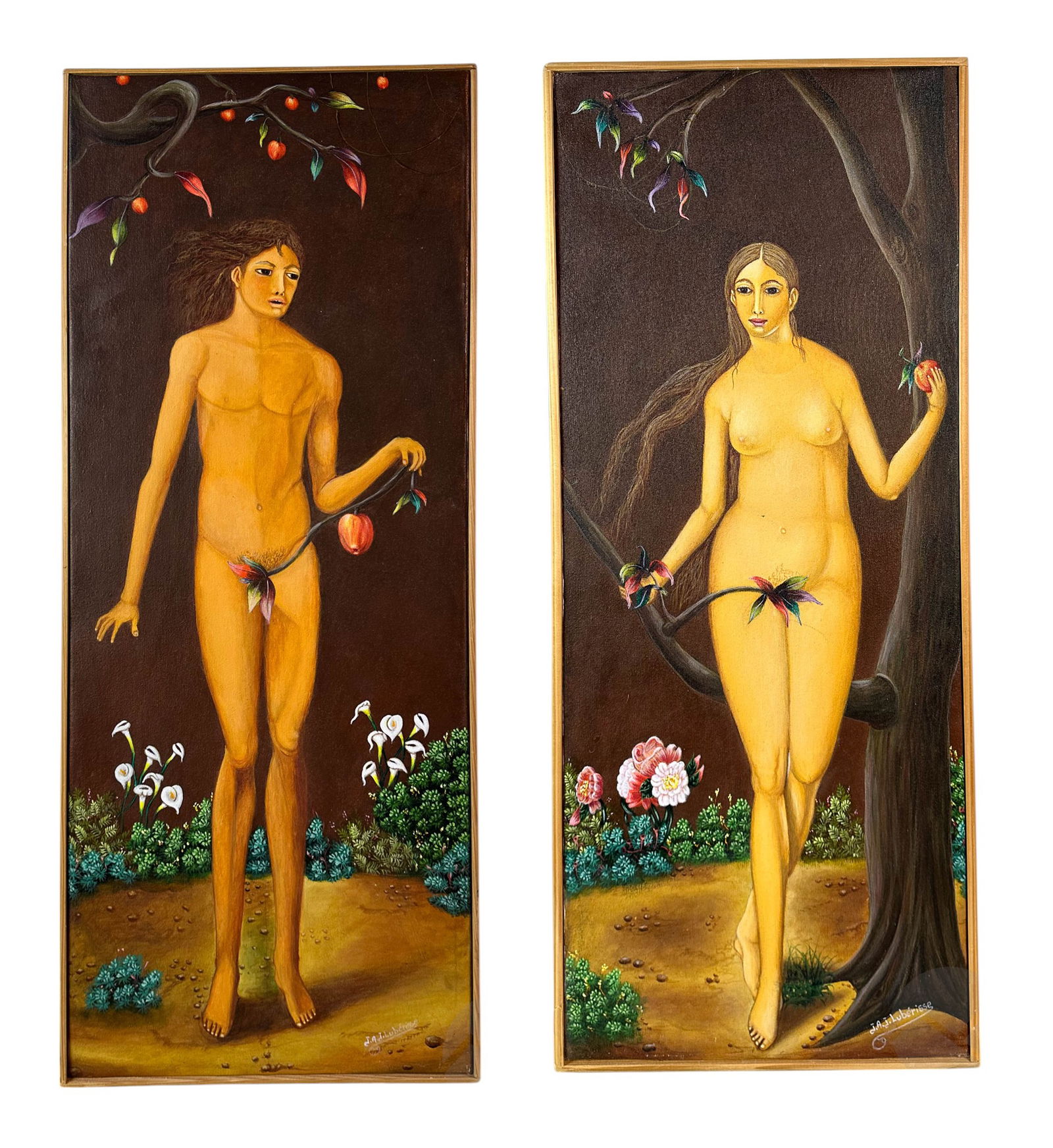 Luberisse 20C. Haitian Adam & Eve Diptych Painting (1 of 6)