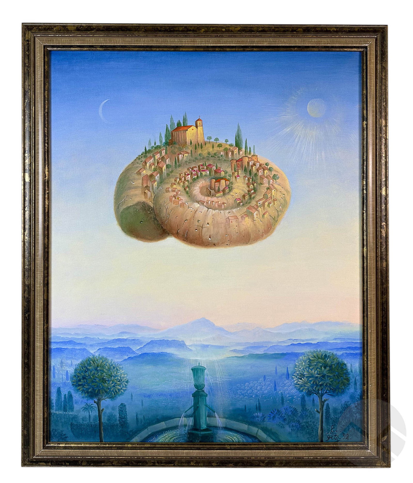 Haitian Surrealist Floating Fossil Island Painting: Original Haitian Caribbean-style acrylic painting on canvas depicting a village perched atop a floating Ammonite nautilus fossil landmass, suspended over a blue-toned landscape. A central fountain anc