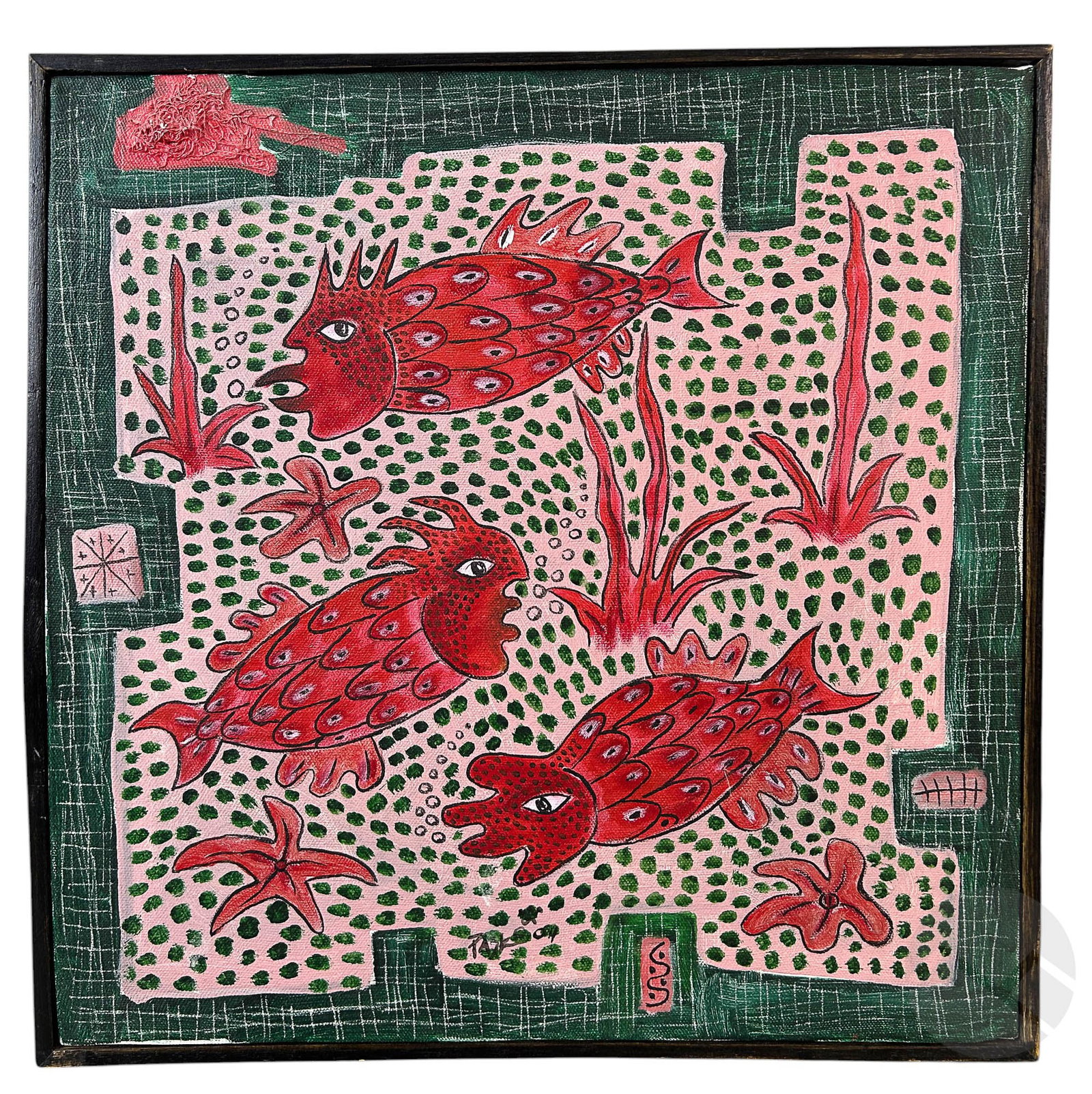 Haitian Folk Art Red Fish Seaweed Scene Painting: Original Haitian Mystery Artist acrylic painting on canvas showcasing a whimsical underwater scene with stylized fish, starfish, and abstract patterns. Executed in the Haitian folk art style, the comp