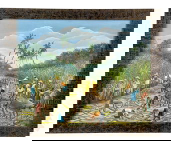 Traditional Haitian Art Figural Landscape Painting