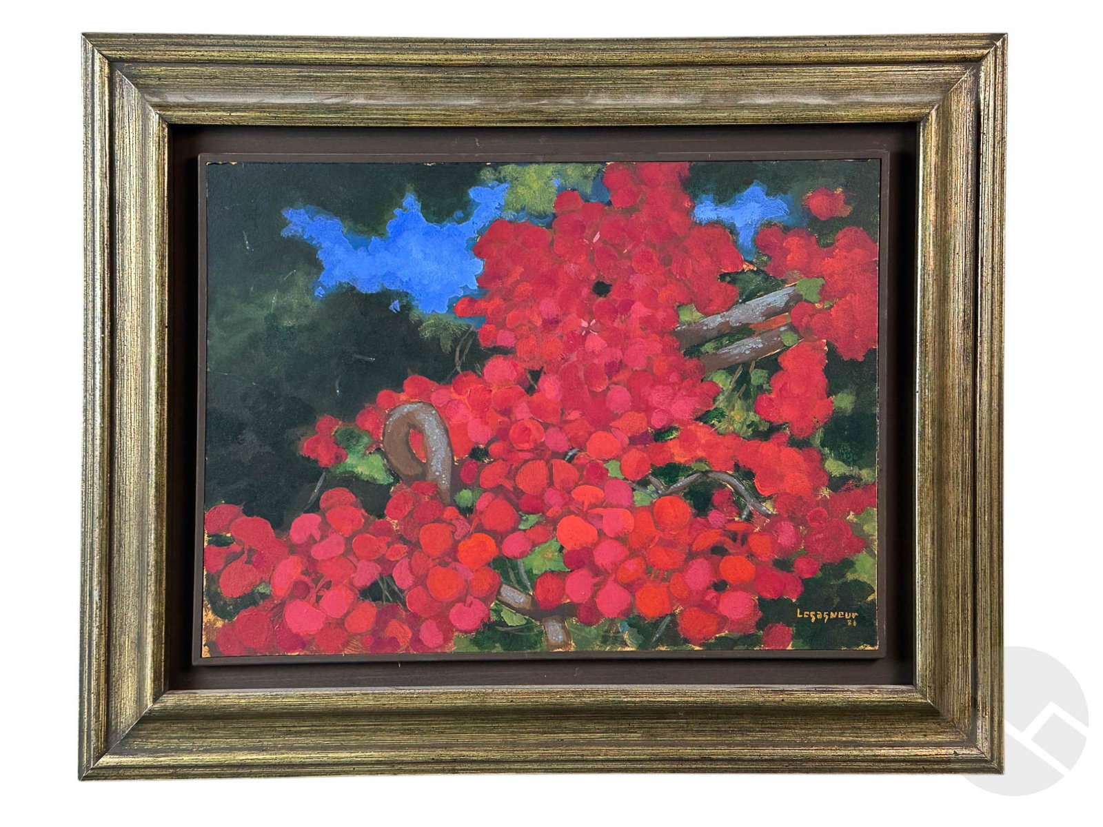 Jean Claude Lagasneur b.1947 Tree Branch Painting: Jean Claude Lagasneur (Haitian, born 1947), original oil painting on board depicting vibrant red blossoms against lush green foliage, set against a striking blue sky. Signed and dated '80 in the lower