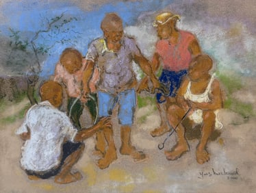 Yves Michaud b.1950 Haitian Kids at Play Pastel