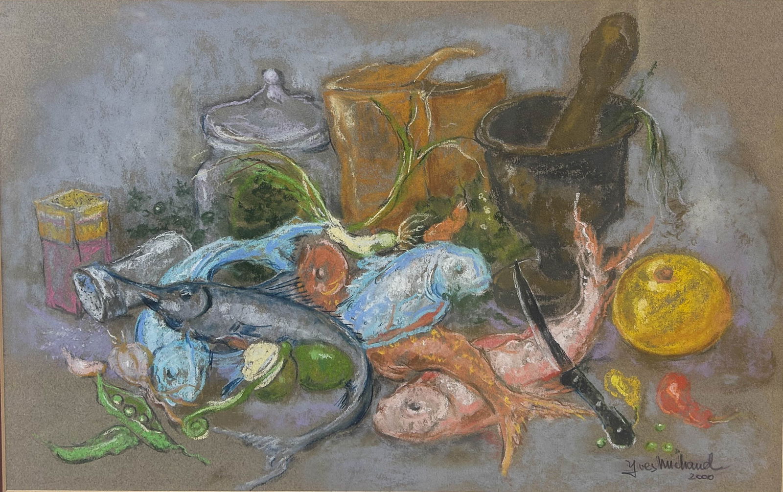 Yves Michaud b.1950 Sill Life Fish & Fruit Pastel (1 of 5)