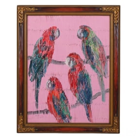 Hunt Slonem b.1951 "Rosellos" Parrots Oil Painting