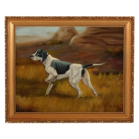 Antique Sporting Pointer Dog Landscape Painting