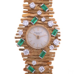 Patek Philippe 18k Gold Emerald Diamond Wristwatch