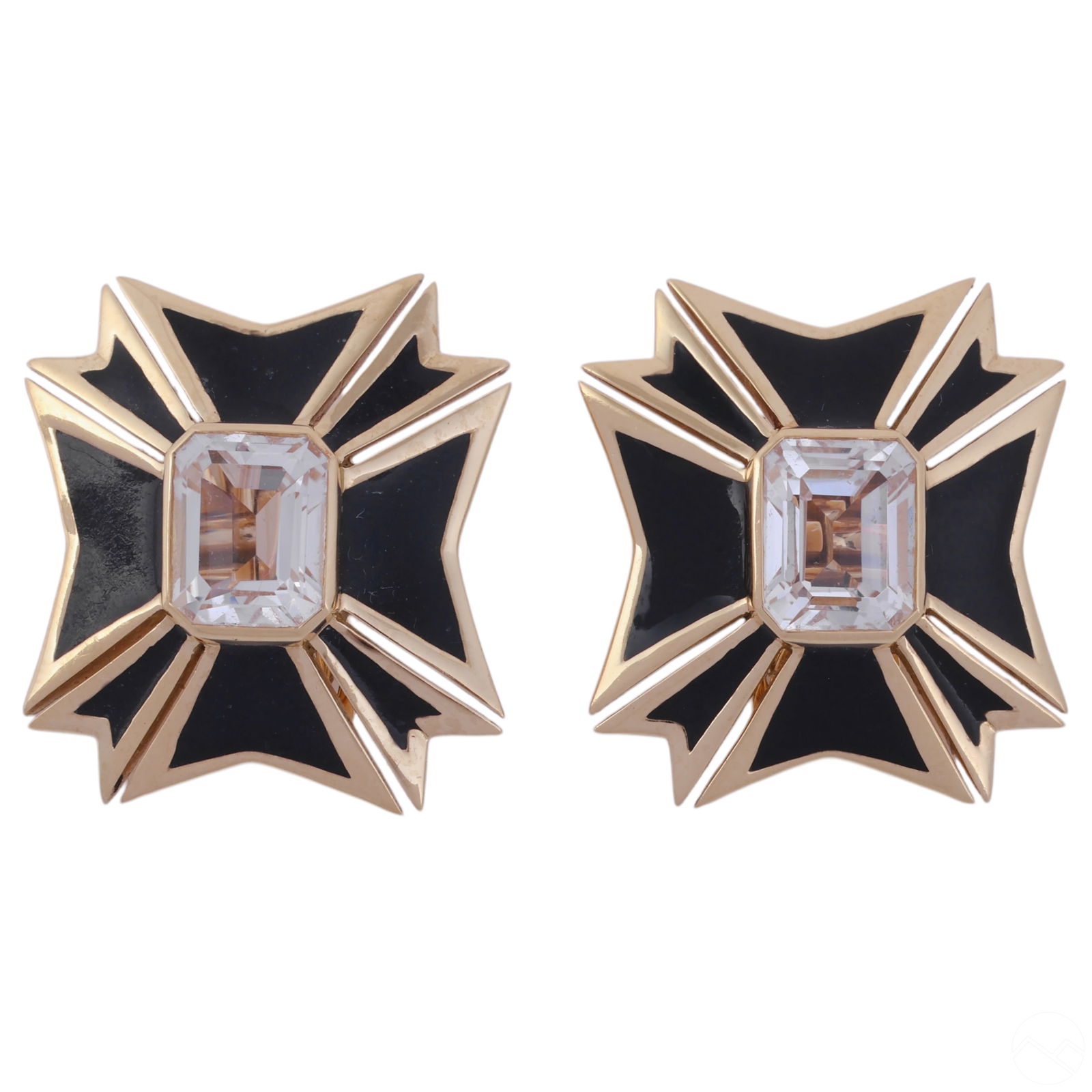 Verdura 18k Gold Pair Maltese Cross Topaz Earrings: Pair of 18K Gold Maltese Cross Earrings by Verdura, inspired by the iconic cuff bracelets designed for Coco Chanel. Each earring features a center emerald-cut white topaz gemstone, framed by black ena