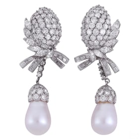 Platinum 14 CTTW Diamond & Pearl Pendant Earrings