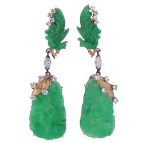 14k Gold Green Jadeite Jade Diamond Drop Earrings