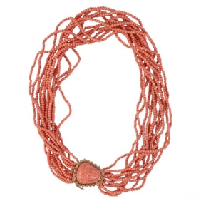 18k Gold & Angel Skin Coral Multi Strand Necklace