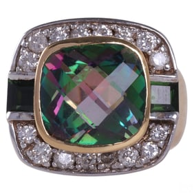 18k Gold Diamond, Mystic Topaz and Tourmaline Ring