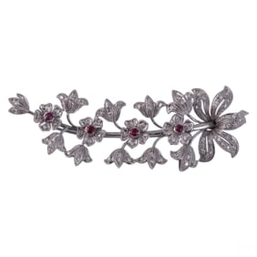 18k White Gold Retro Diamond & Ruby Floral Brooch