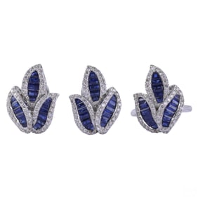 18k White Gold Signed Diamond & Sapphire Ring SET