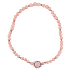 14k Gold Pink Angel Skin Coral & Diamond Necklace