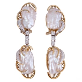 14k Gold Baroque Biwa Pearl Diamond Drop Earrings
