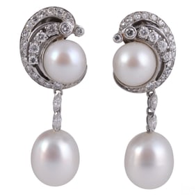 14k Gold 1CTTW Diamond Pearl Drop Earrings 13.8g