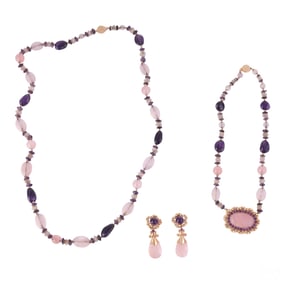 Tambetti 14k Gold Amethyst Rose Quartz Jewelry SET