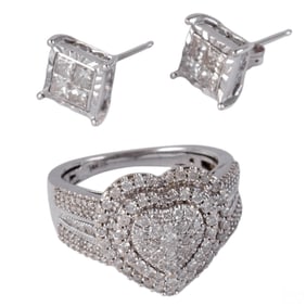 14k Gold Diamond Heart Ring & Square Earrings LOT