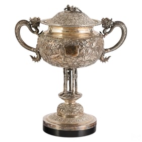 Chinese Silver Dragon Handle Lidded Trophy Cup Urn