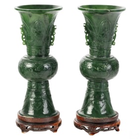 Chinese Pair of Carved Natural Spinach Jade Vases