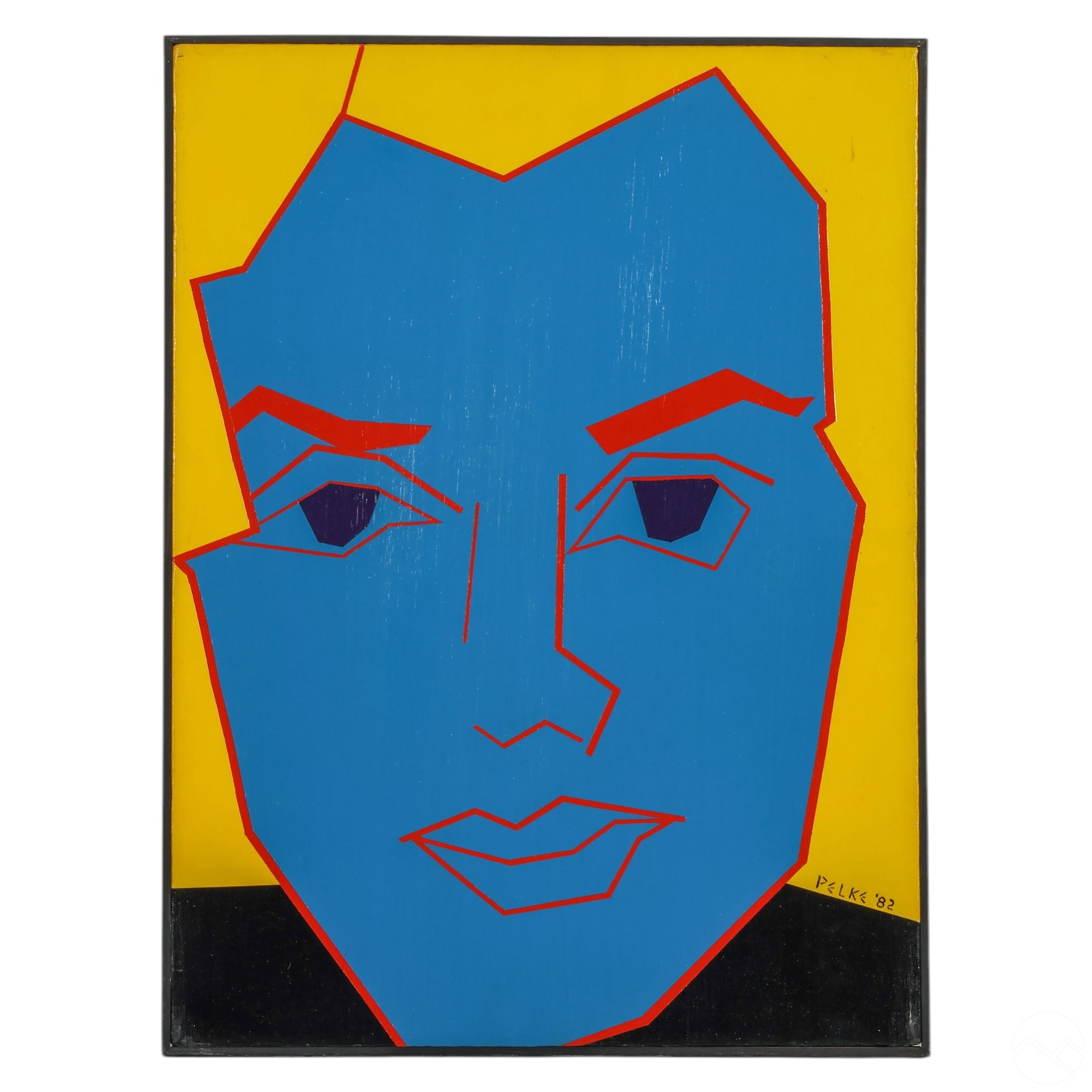 Pelke 20C Geometric Abstract Portrait Oil Painting: Pelke (20th century) oil painting on canvas depicting a stylized human face in flat colors of blue, yellow, black, and red, with strong angular lines and sharp contrasts. The minimalist design and bol