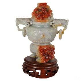 Chinese Carved Russet Jade Footed Dragon Censor