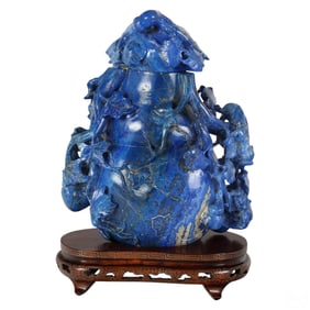 Chinese Carved Lapis Lazuli Guard Vine Covered Urn