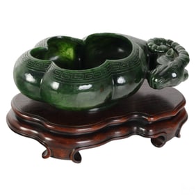 Chinese Carved Spinach Jade Rams Head Washer Bowl