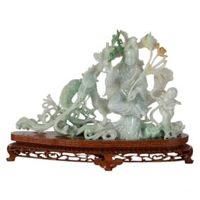 Chinese Carved Jade Dragon Koi Guanyin Statue 800g