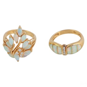 14k Gold Opal and Diamond Gemstone Rings 2pc LOT