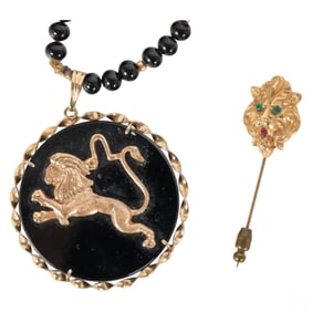 14k Gold Lion Stick Pin with Onyx Lion Pendant LOT